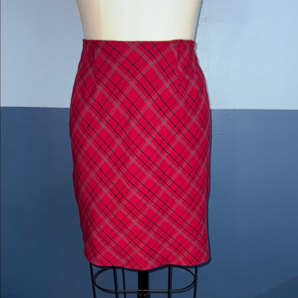 Vintage Venezia Red Plaid Pencil Skirt Knee-Length Work Style